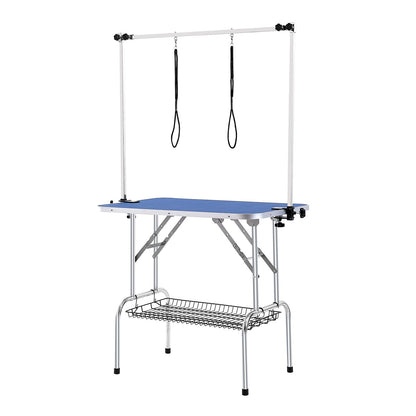Tierpflegetisch Zweiarmig mit Klemme, 915 x 610 mm Hundepflegestation, Faltbarer Tierpflegeständer für mittelgroße und kleine Hunde, Gratis Zwei No-Sit-Hängehalter mit Pflegeschlaufe, Tragkraft 150 kg