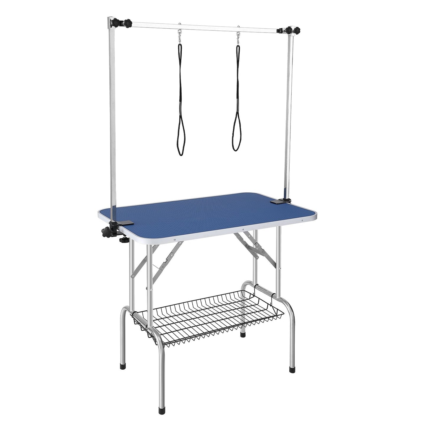Tierpflegetisch Zweiarmig mit Klemme, 915 x 610 mm Hundepflegestation, Faltbarer Tierpflegeständer für mittelgroße und kleine Hunde, Gratis Zwei No-Sit-Hängehalter mit Pflegeschlaufe, Tragkraft 150 kg