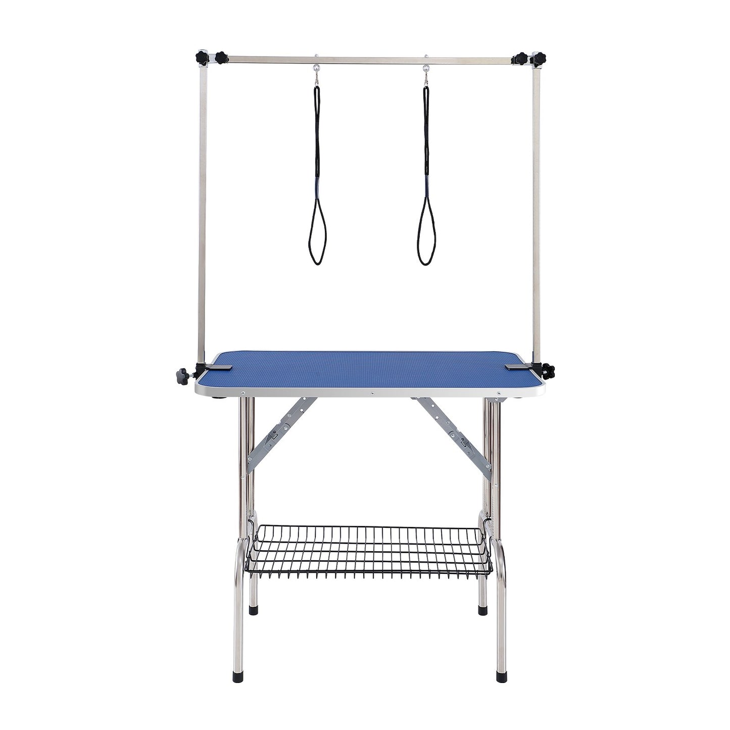 Tierpflegetisch Zweiarmig mit Klemme, 915 x 610 mm Hundepflegestation, Faltbarer Tierpflegeständer für mittelgroße und kleine Hunde, Gratis Zwei No-Sit-Hängehalter mit Pflegeschlaufe, Tragkraft 150 kg