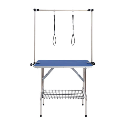Tierpflegetisch Zweiarmig mit Klemme, 915 x 610 mm Hundepflegestation, Faltbarer Tierpflegeständer für mittelgroße und kleine Hunde, Gratis Zwei No-Sit-Hängehalter mit Pflegeschlaufe, Tragkraft 150 kg