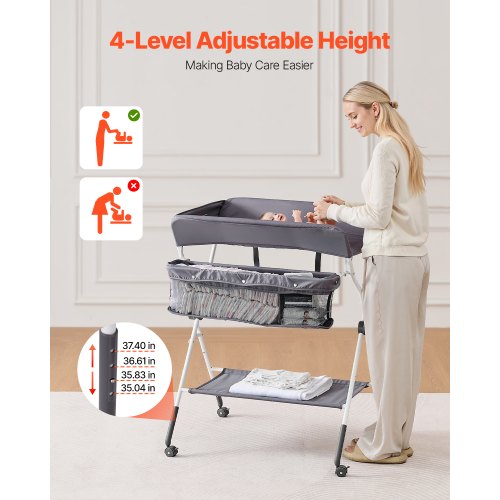 Foldable diaper changing station with side basket and wheels dark gray