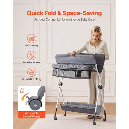 Foldable diaper changing station with side basket and wheels dark gray