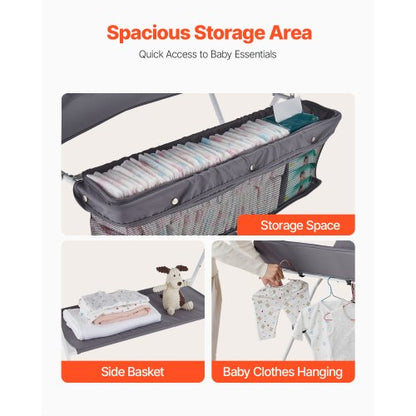 Foldable diaper changing station with side basket and wheels dark gray