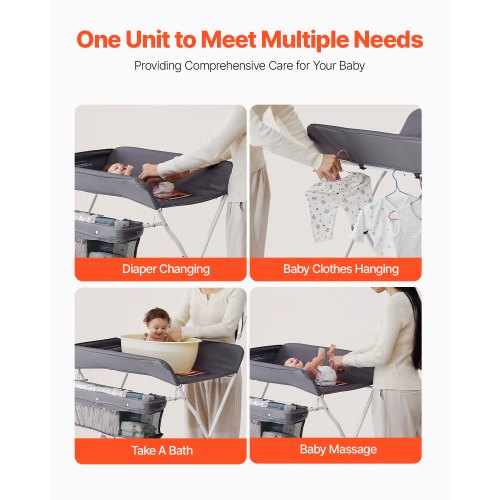 Foldable diaper changing station with side basket and wheels dark gray