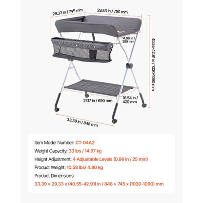Foldable diaper changing station with side basket and wheels dark gray