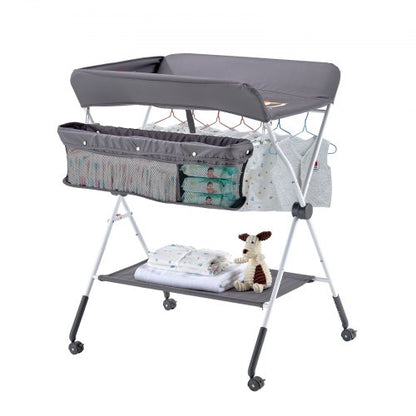 Foldable diaper changing station with side basket and wheels dark gray