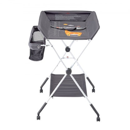 Foldable diaper changing station with side basket and wheels dark gray