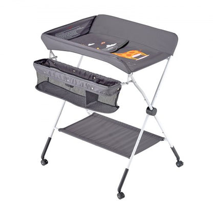 Foldable diaper changing station with side basket and wheels dark gray