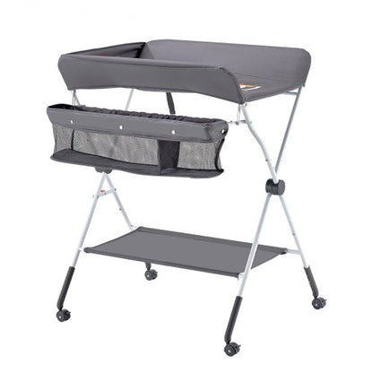 Foldable diaper changing station with side basket and wheels dark gray