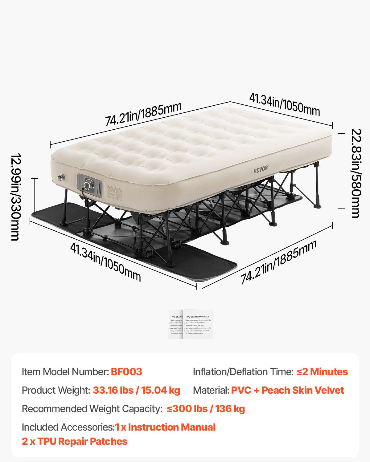Air mattress with frame and pump 1 person inflatable camping bed 300lbs