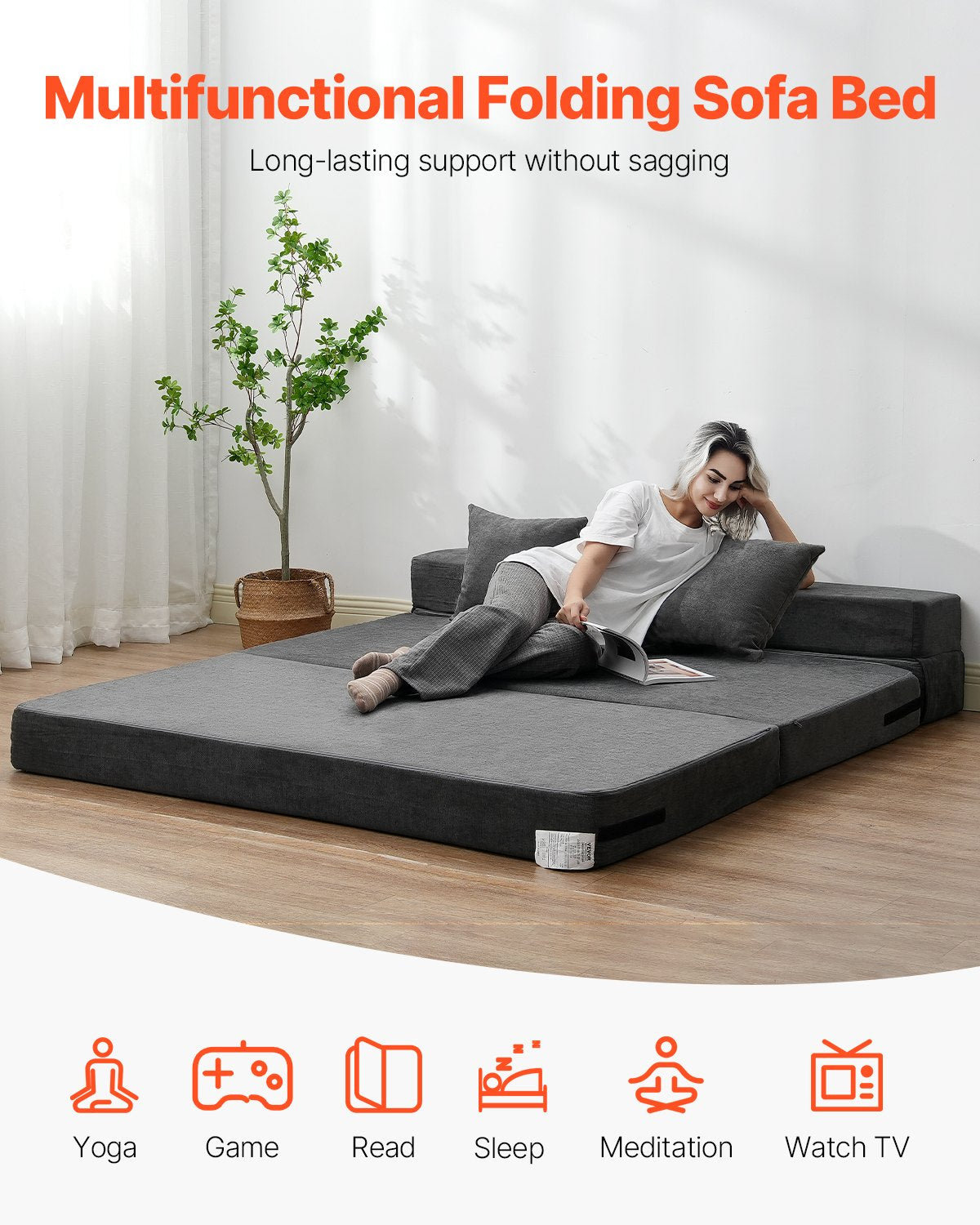Folding Sofa Bed 3-in-1 Folding Sofa Bed with 2 Cushions Dark Grey Queen