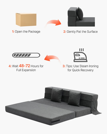Folding Sofa Bed 3-in-1 Folding Sofa Bed with 2 Cushions Dark Grey Queen