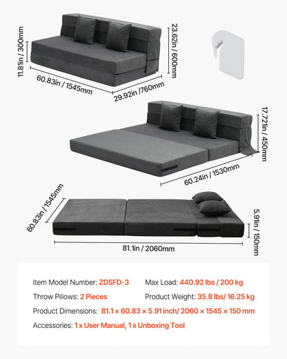 Folding Sofa Bed 3-in-1 Folding Sofa Bed with 2 Cushions Dark Grey Queen