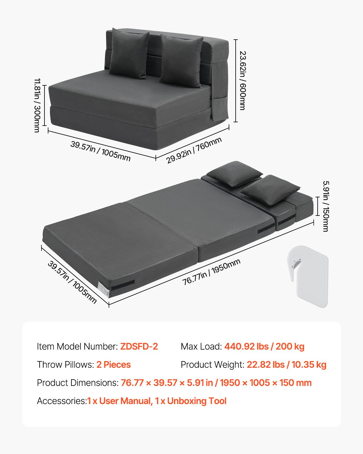 Folding sofa bed 3-in-1 folding sofa bed with 2 cushions dark grey twin