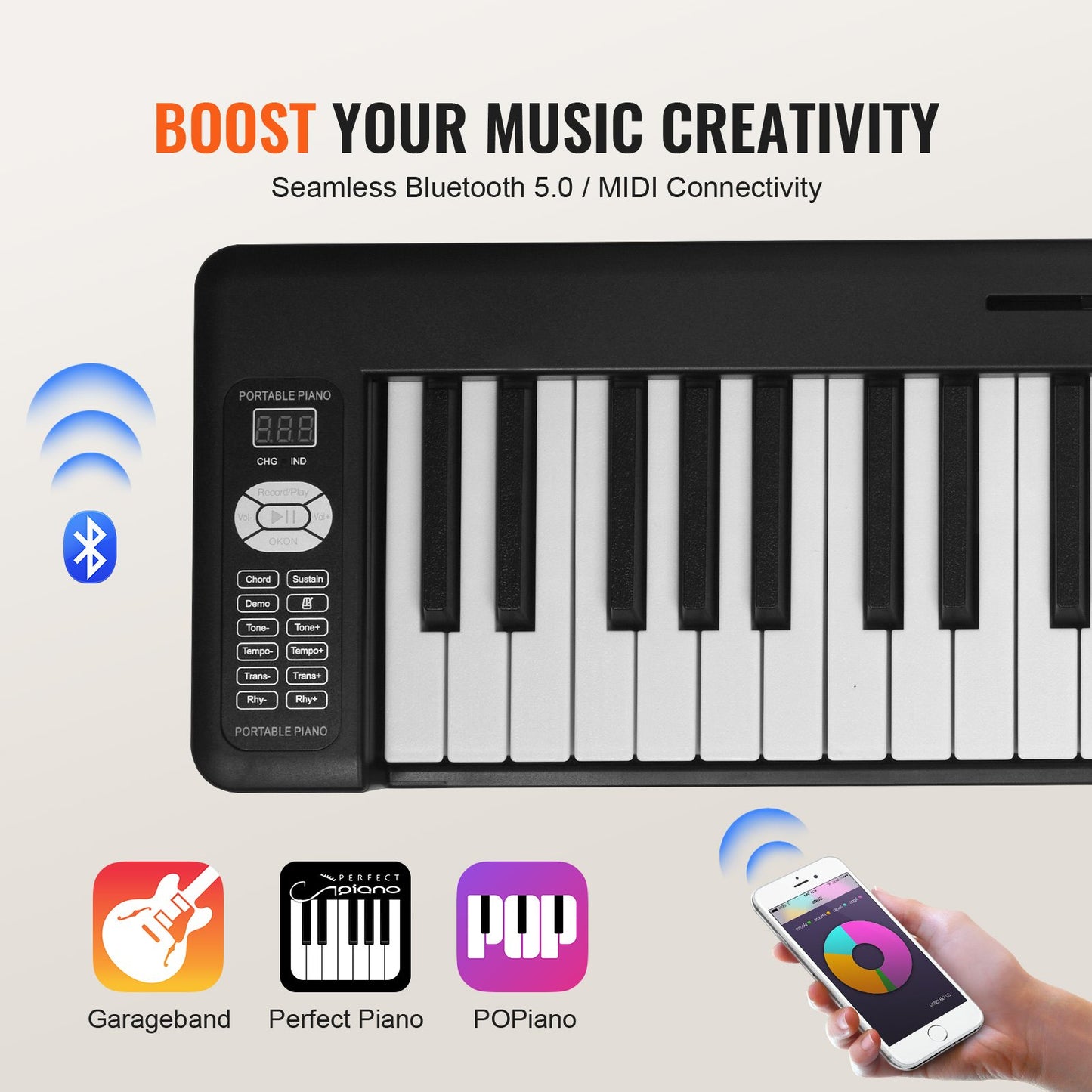61 Key Folding Keyboard Piano Portable Foldable Piano Bluetooth MIDI Svart