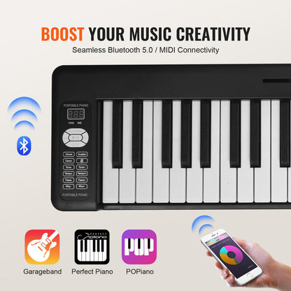 61 Key Folding Keyboard Piano Portable Foldable Piano Bluetooth MIDI Svart