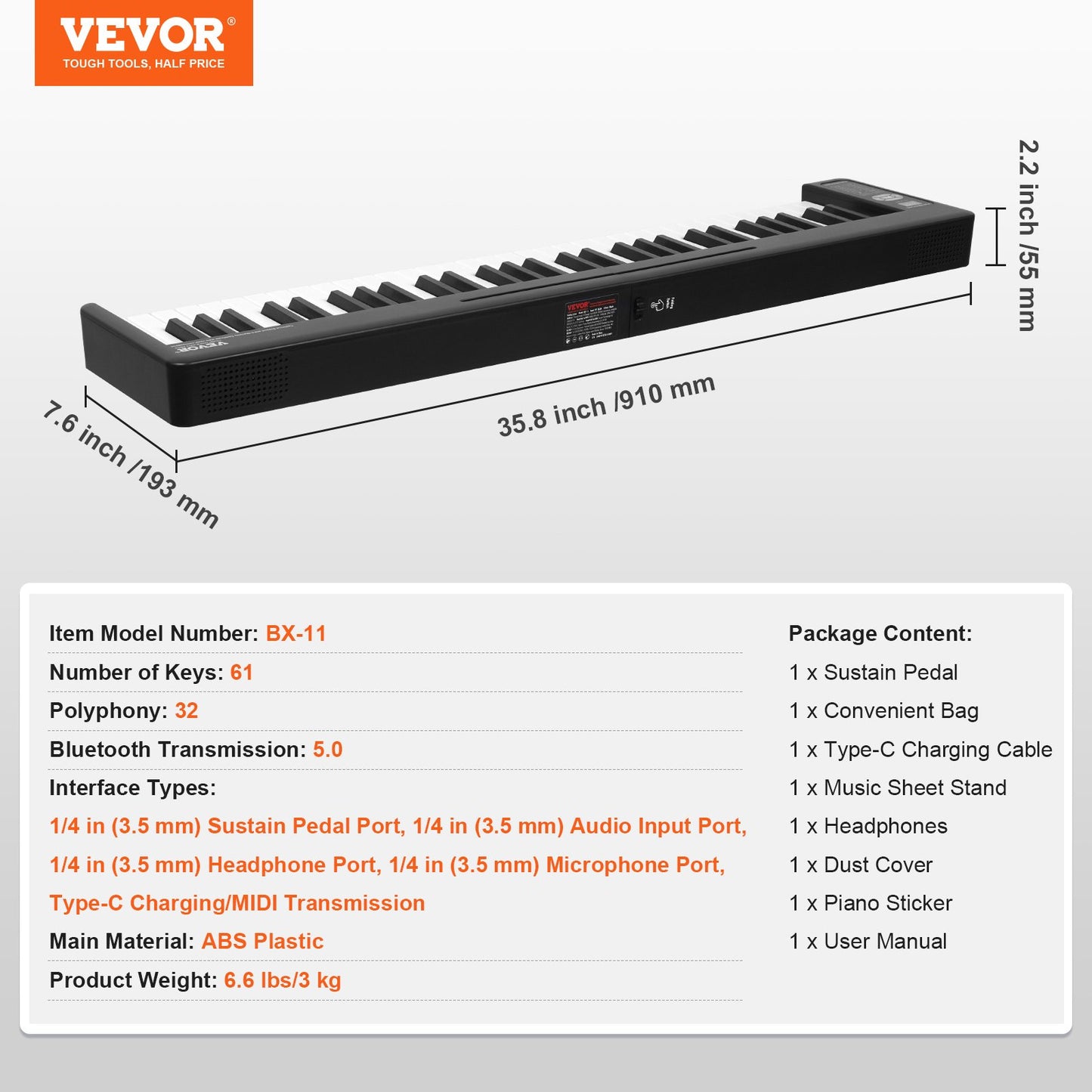 61 Key Folding Keyboard Piano Portable Foldable Piano Bluetooth MIDI Svart