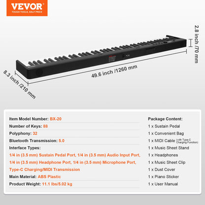 88 Key Folding Keyboard Piano Portable Foldable Piano Bluetooth MIDI Svart