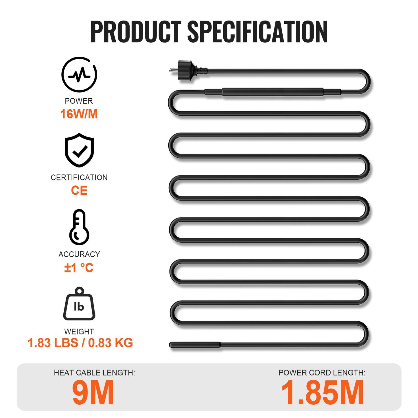 Selbstregulierendes Rohrheizkabel 9m 16W/m Heizband für Rohrdach