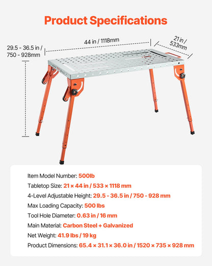Svetsbord 44" x 21" 500LBS hopfällbar arbetsbänk med 4-nivå justerbar höjd