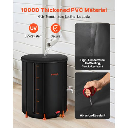 Hopfällbar regntunna, 201 l bärbar regnvattentunna, 1000D PVC regnvattenuppsamlingssystem, trädgårdsvattenbehållare med kran och överfyllningskit, svart |  EU
