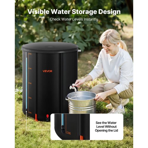 Hopfällbar regntunna, 201 l bärbar regnvattentunna, 1000D PVC regnvattenuppsamlingssystem, trädgårdsvattenbehållare med kran och överfyllningskit, svart |  EU