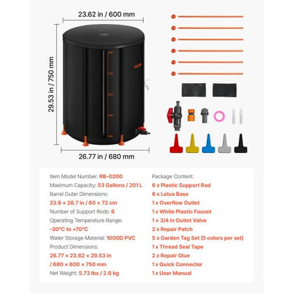 Hopfällbar regntunna, 201 l bärbar regnvattentunna, 1000D PVC regnvattenuppsamlingssystem, trädgårdsvattenbehållare med kran och överfyllningskit, svart |  EU