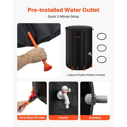 Hopfällbar regntunna, 250 l bärbar regnvattentunna, 500D PVC regnvattenuppsamlingssystem, trädgårdsvattenbehållare med kran och överfyllningskit, svart |  EU