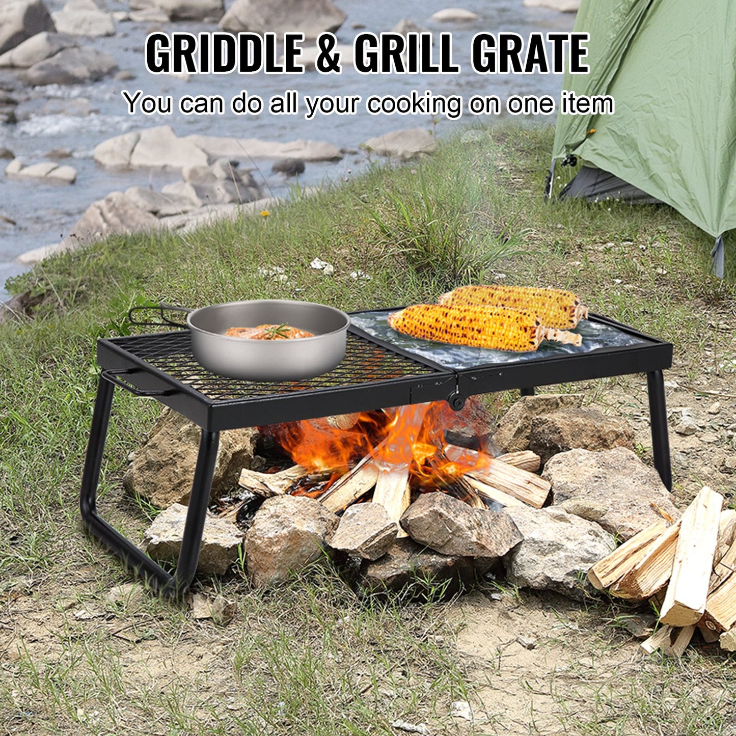 Folding Campfire Grill, Heavy Duty Steel Mesh Galler, 57 cm Portabla campinggaller över eldstaden, lägereldsmatlagningsutrustning med benbärväska, grillstativ för utomhusmatlagning med öppen låga