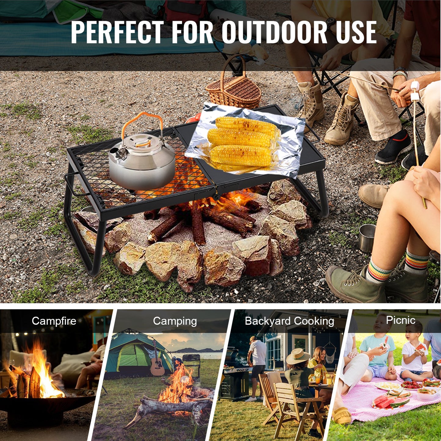 Folding Campfire Grill, Heavy Duty Steel Mesh Galler, 57 cm Portabla campinggaller över eldstaden, lägereldsmatlagningsutrustning med benbärväska, grillstativ för utomhusmatlagning med öppen låga