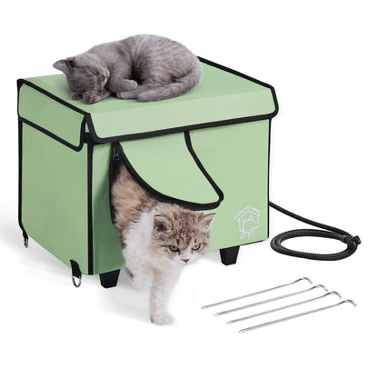 Förhöjda uppvärmda katthus Cuboid Kitty Shelter med uppvärmd pad grön (S)