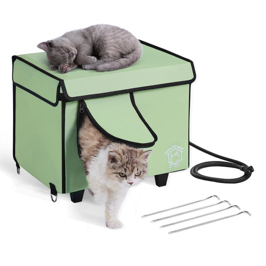 Förhöjda uppvärmda katthus Cuboid Kitty Shelter med uppvärmd pad grön (S)