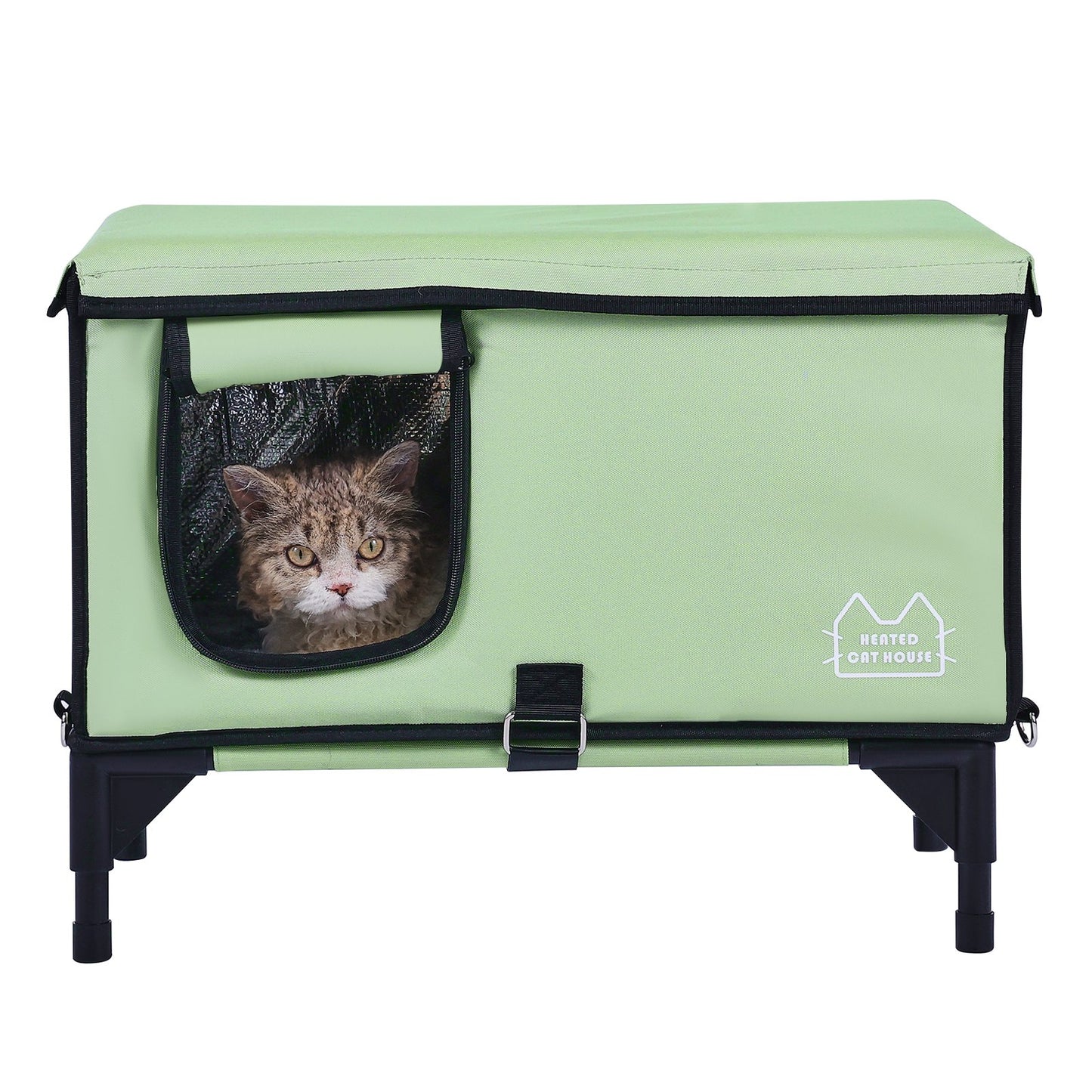 Förhöjda uppvärmda katthus Cuboid Kitty Shelter med uppvärmd pad grön (M)