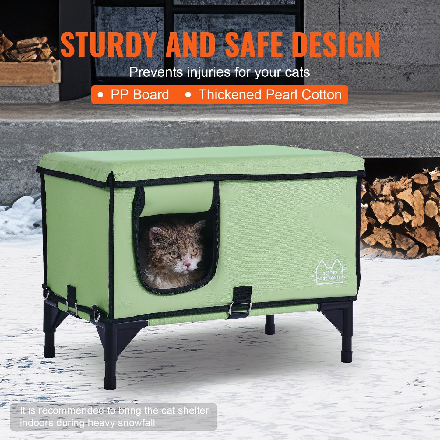 Förhöjt uppvärmt katthus Cuboid Kitty Shelter med uppvärmd pad grön (L)