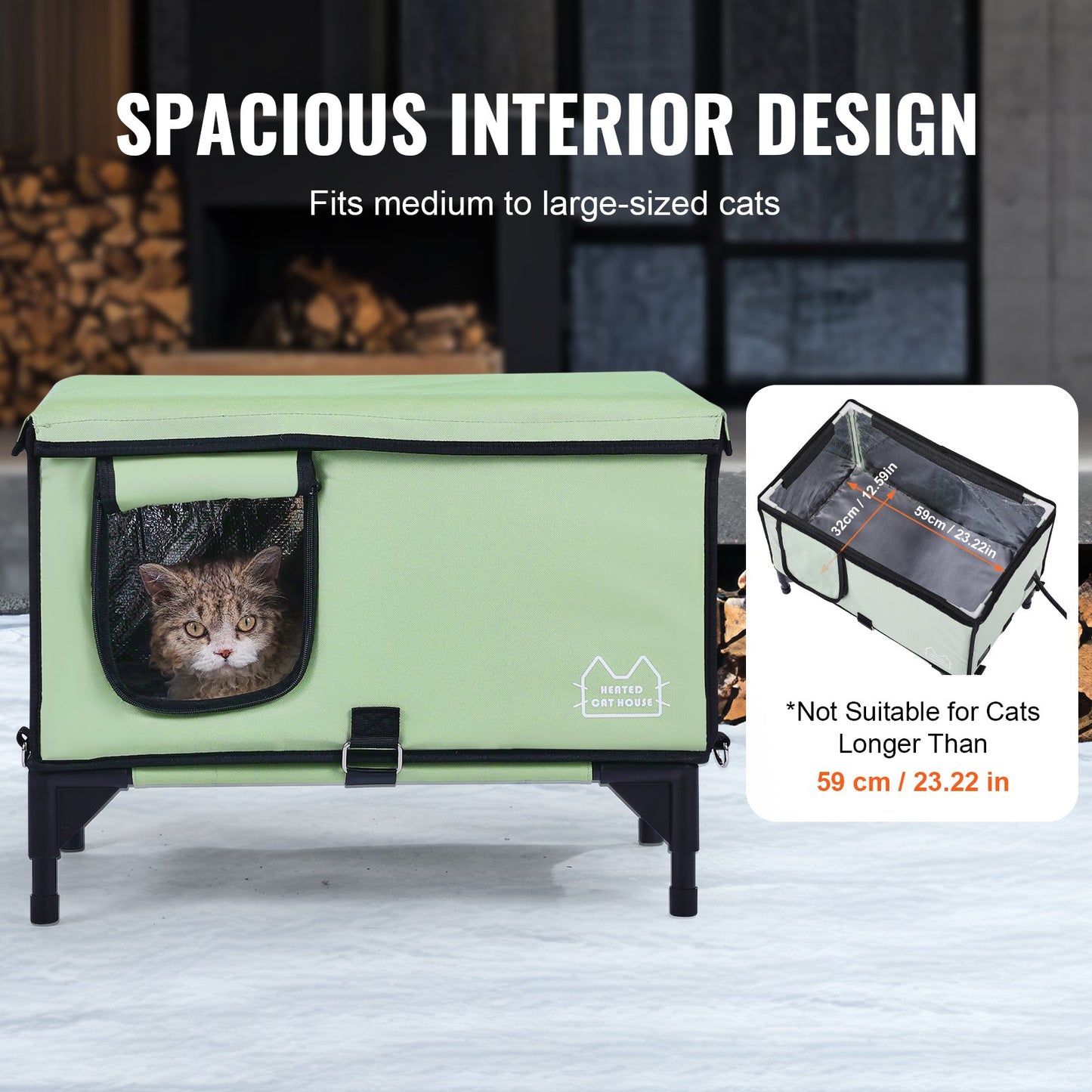 Förhöjt uppvärmt katthus Cuboid Kitty Shelter med uppvärmd pad grön (L)