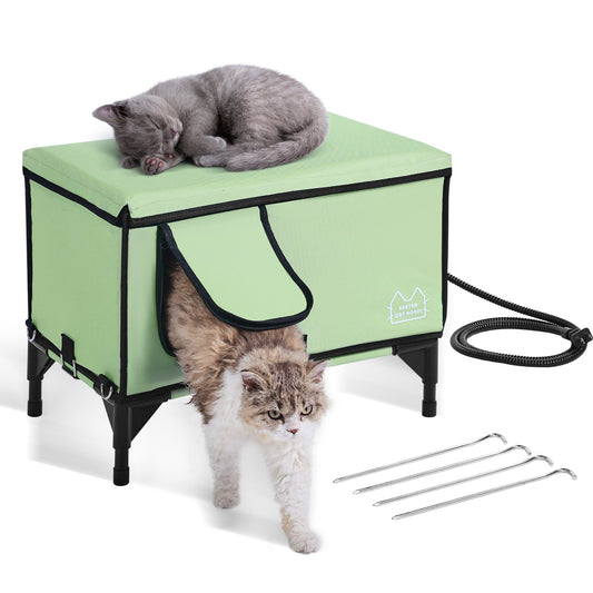 Förhöjt uppvärmt katthus Cuboid Kitty Shelter med uppvärmd pad grön (L)
