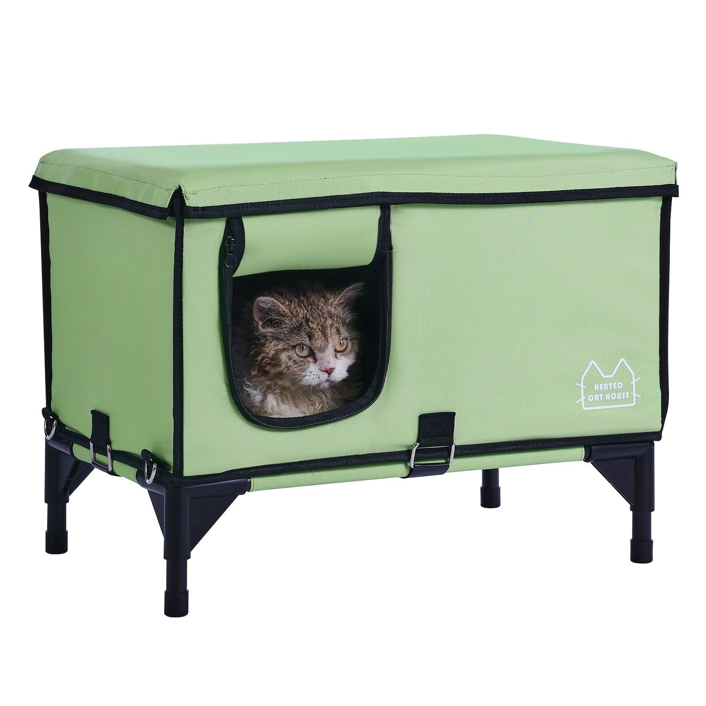Förhöjt uppvärmt katthus Cuboid Kitty Shelter med uppvärmd pad grön (L)