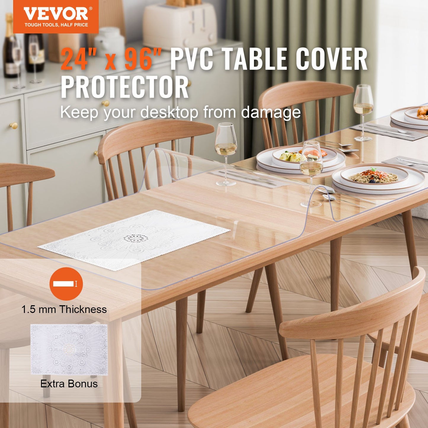 PVC table cover 24x96 inch clear plastic desk cover 1.5mm thick