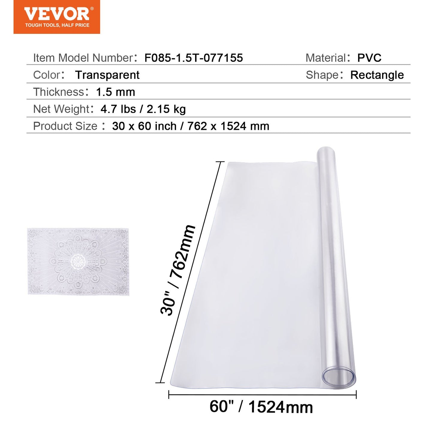 PVC bordsskydd 30x60 tum Klart plast skrivbordsskydd 1,5 mm tjockt