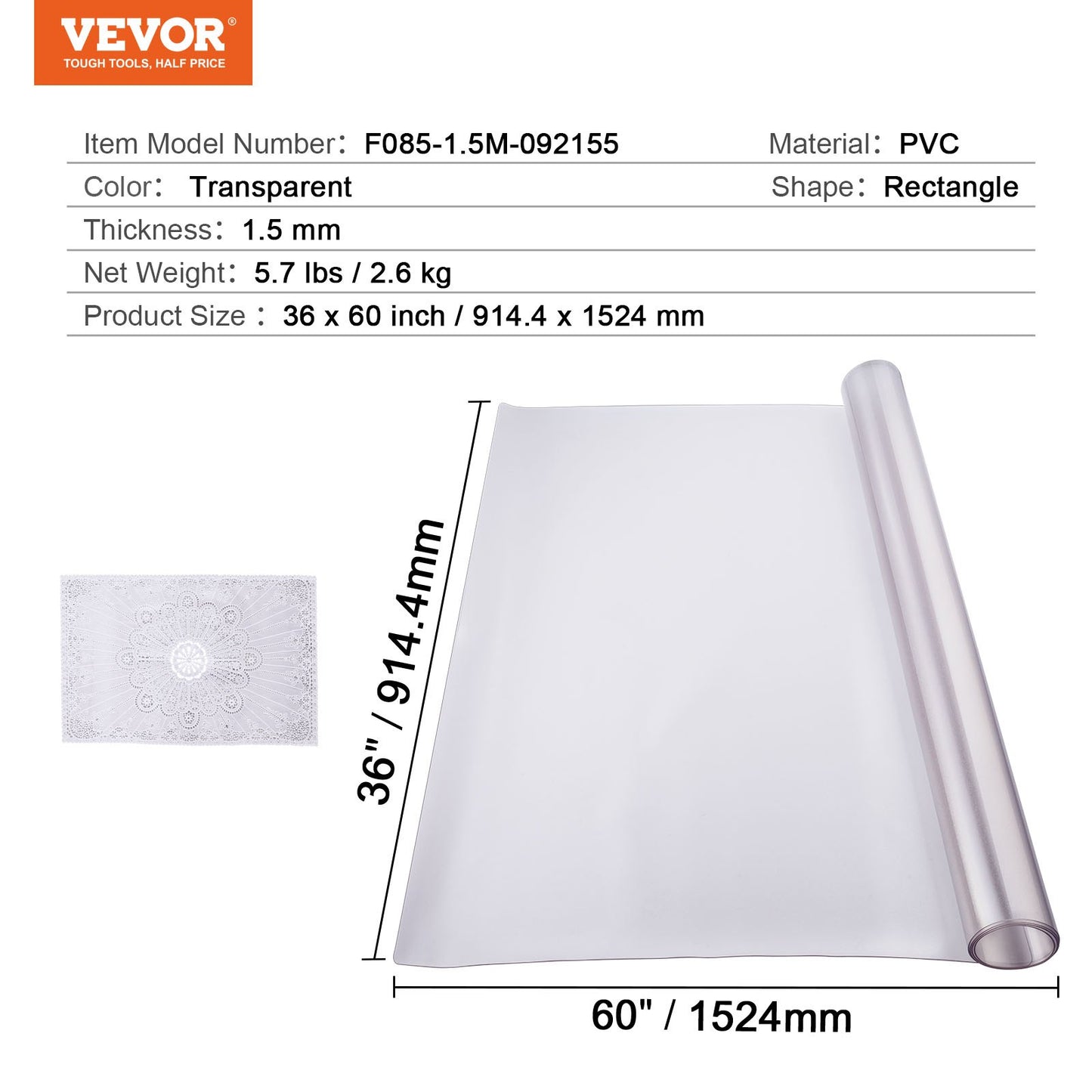 PVC bordsskydd 36x60 tum Frostat plast skrivbordsskydd 1,5 mm tjockt