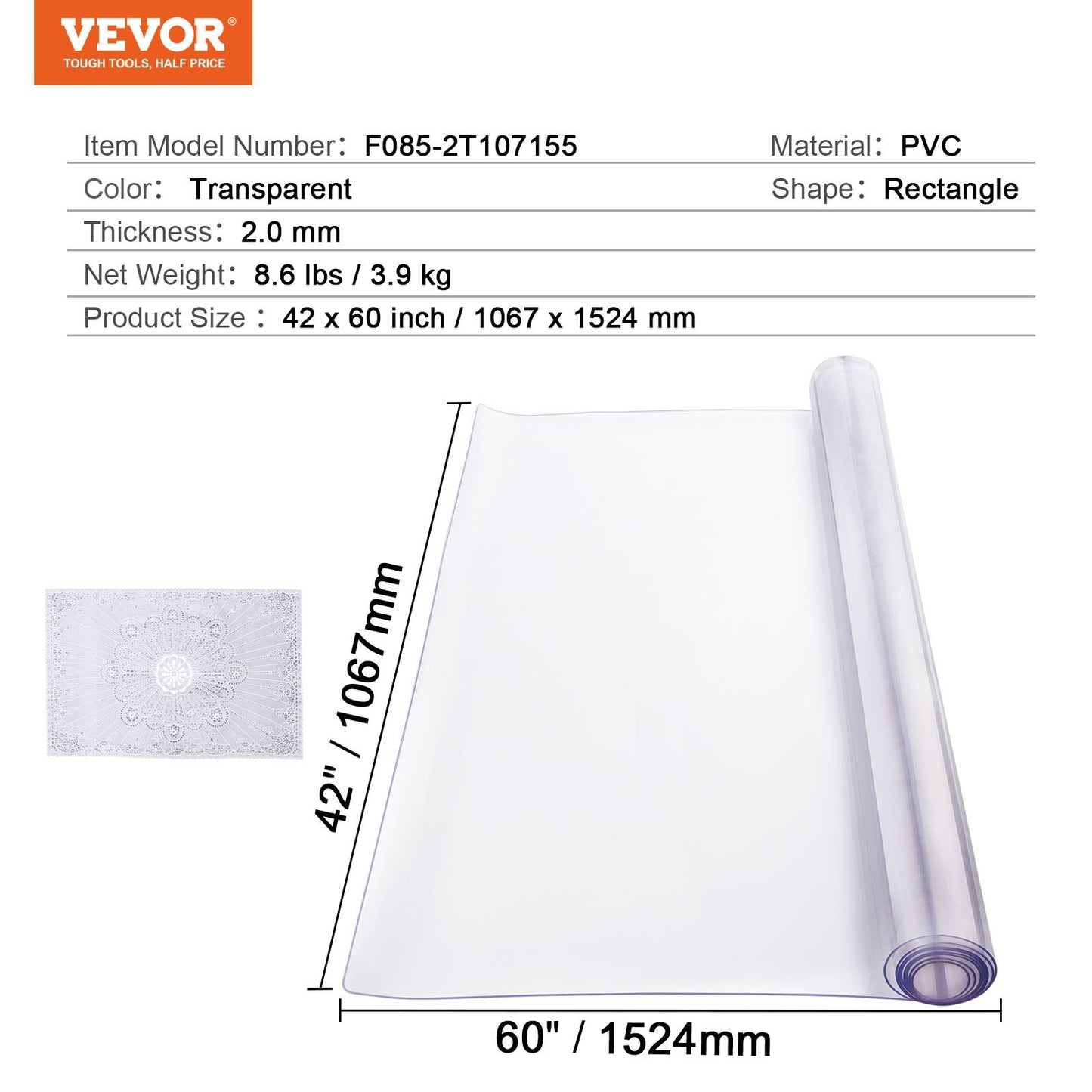 PVC table cover 42x60 inch Clear plastic desk cover 2.0 mm thick
