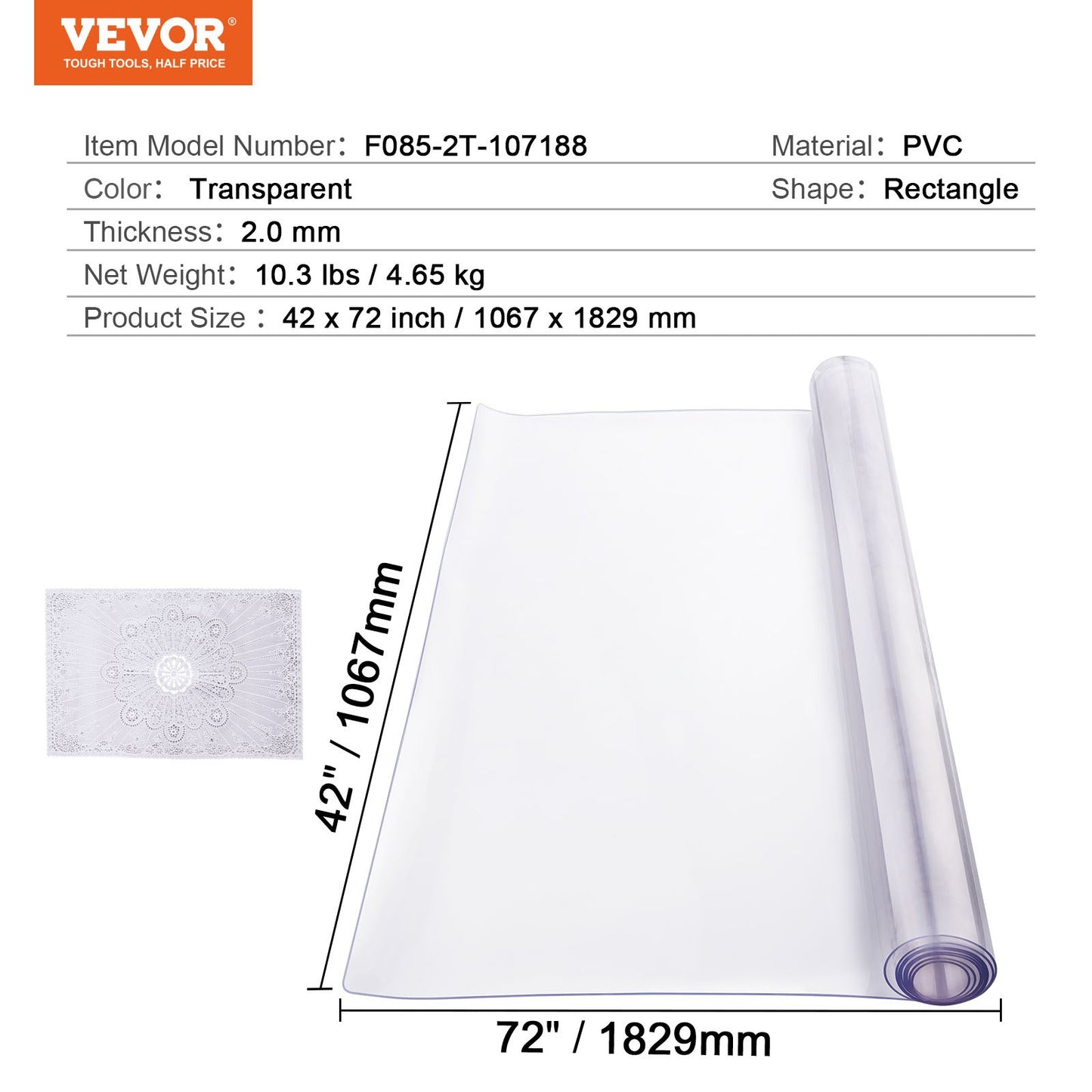 PVC bordsskydd 42x72 tum klar plast skrivbordsskydd 2,0 mm tjock