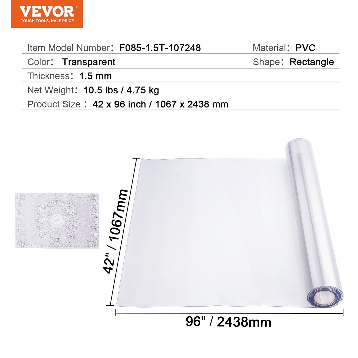 PVC bordsskydd 42x96 tum klar plast skrivbordsskydd 1,5 mm tjockt