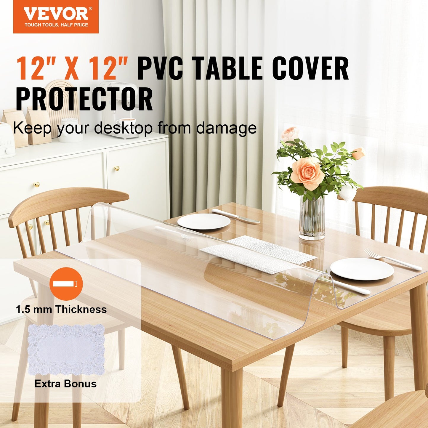 Clear Table Protector, 12" x12"/305 x 305 mm Table Cover, 1.5 mm Thick PVC Plastic Cloth, Waterproof Desk Protector for Desk, Coffee Table, Dining Table