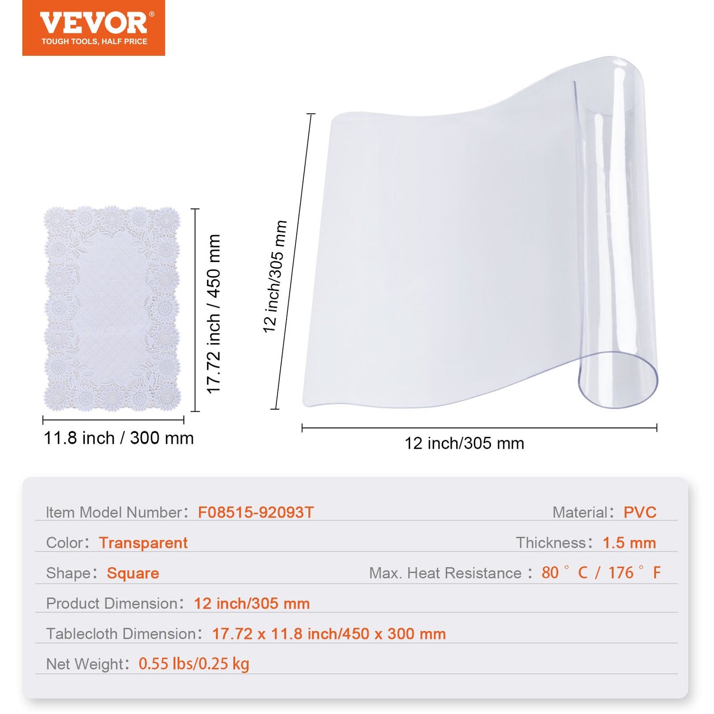 Clear Table Protector, 12" x12"/305 x 305 mm Table Cover, 1.5 mm Thick PVC Plastic Cloth, Waterproof Desk Protector for Desk, Coffee Table, Dining Table