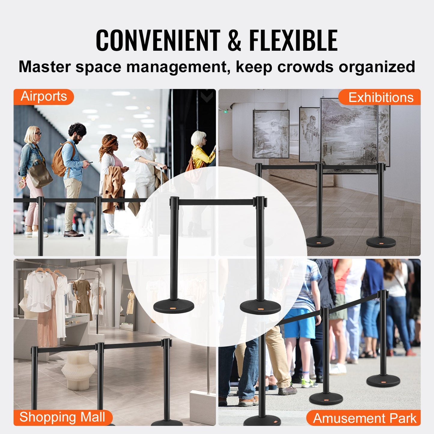 Crowd Control Poles, 6 Pack Crowd Control Barriers with 3PCS 6.5 FT Black Retractable Belts, Plastic Pole Queue Pole, Belt Barriers Line Divider Pole for Airport, Exhibition
