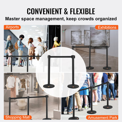 Crowd Control Poles, 6 Pack Crowd Control Barriers with 3PCS 6.5 FT Black Retractable Belts, Plastic Pole Queue Pole, Belt Barriers Line Divider Pole for Airport, Exhibition