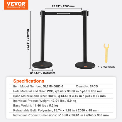 Crowd Control Poles, 6 Pack Crowd Control Barriers with 3PCS 6.5 FT Black Retractable Belts, Plastic Pole Queue Pole, Belt Barriers Line Divider Pole for Airport, Exhibition
