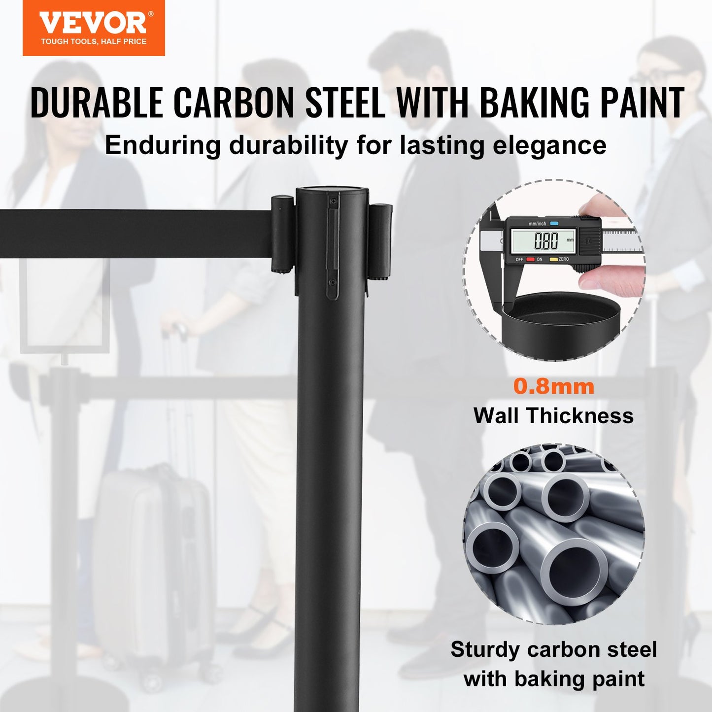 Crowd Control Posts, 6-Pack Crowd Control Barriers, Carbon Steel Baking Painted Pole Queue Post with Sign Holder &amp; 3 PCS 6.5 FT Retractable Belt, Belt Barrier Line Divider, Easy Assembly