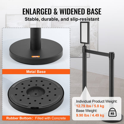 Crowd Control Posts, 6-Pack Crowd Control Barriers, Carbon Steel Baking Painted Pole Queue Post with Sign Holder &amp; 3 PCS 6.5 FT Retractable Belt, Belt Barrier Line Divider, Easy Assembly